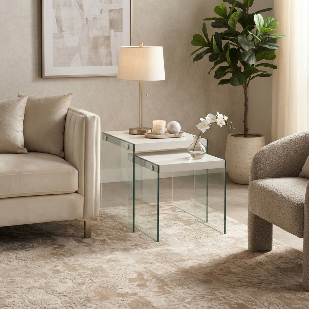 FurniFact Nesting Side Tables with Square Glass Base, White,Clear, Set of 2