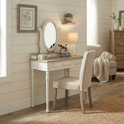 FurniFact Vanity Table with Mirror and Four Drawers, White/Light Brown