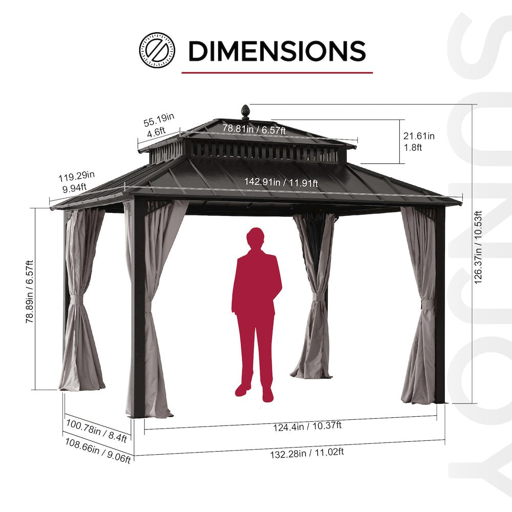 12 ft x 10 ft Hardtop Gazebo with Steel & PC Roof, Brown Aluminum Frame