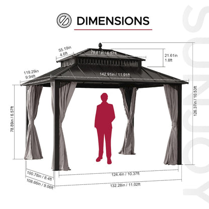 12 ft x 10 ft Hardtop Gazebo with Steel & PC Roof, Brown Aluminum Frame