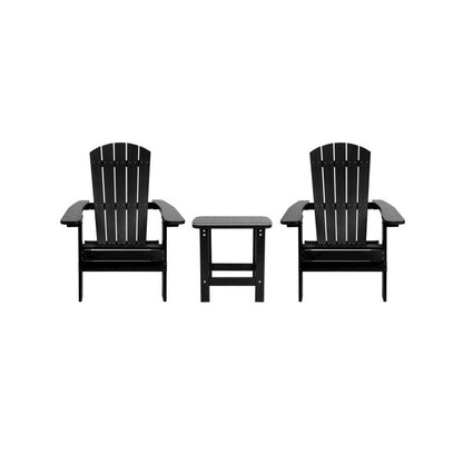 2 Pack All-Weather Poly Resin Folding Adirondack Chairs with Side Table in Black