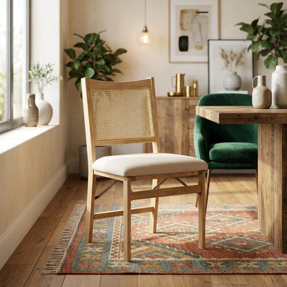 Beige Rattan Cane Folding Dining Side Chair with Polyester Fabric Seat