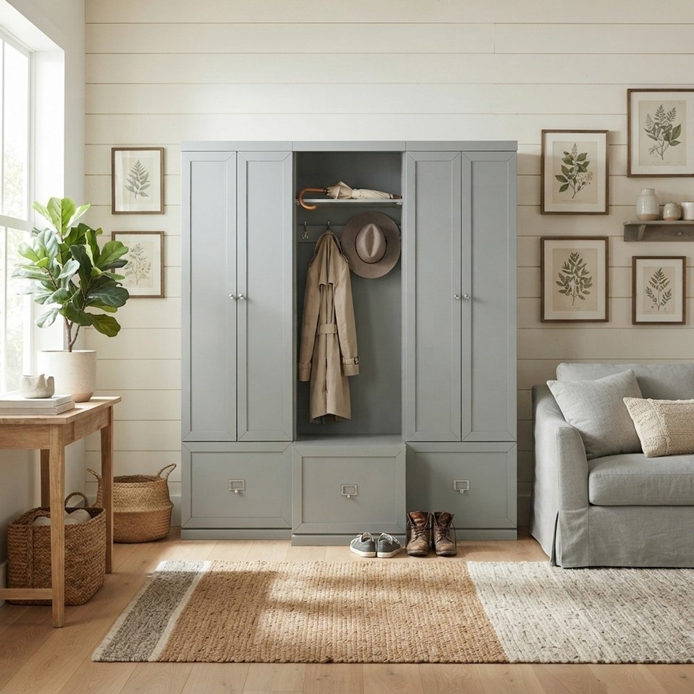 FurniFact Hall Tree with Storage Bench and Pantry Closets, Gray, Set of 3