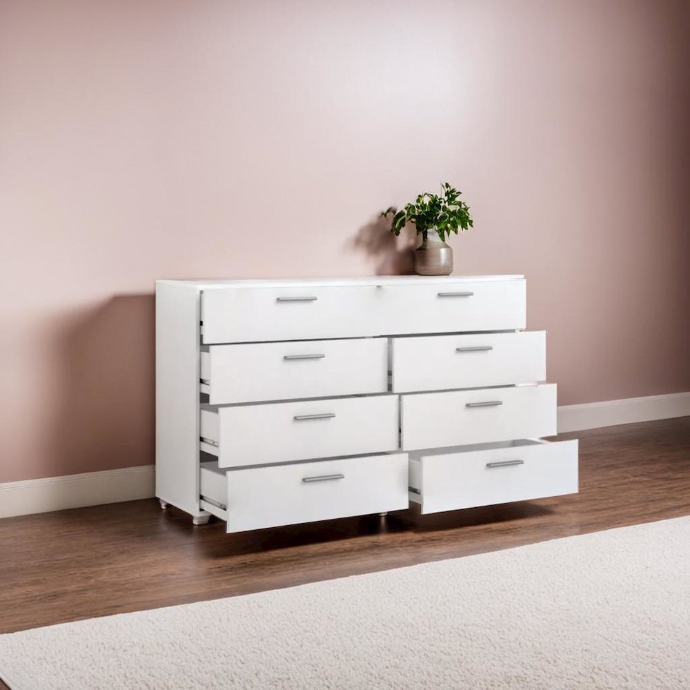 Sleek White Double Dresser with Eight Spacious Drawers for Bedroom Storage