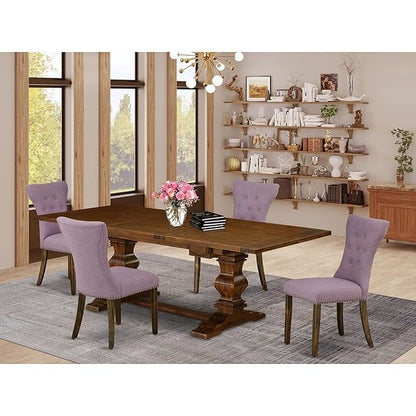 5 Piece Dining Room Table Set Includes a Rectangle Kitchen Table with Removable Leaf and 4 Dahlia Linen Fabric Parson Dining Chairs, 42x92 Inch, Walnut