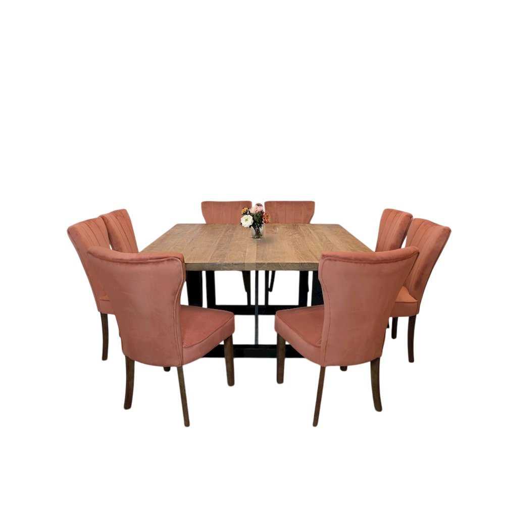 9-Piece Dining Set 8 Cleo Dining Chairs in Velvet Blush Fabric Dark Brown Legs