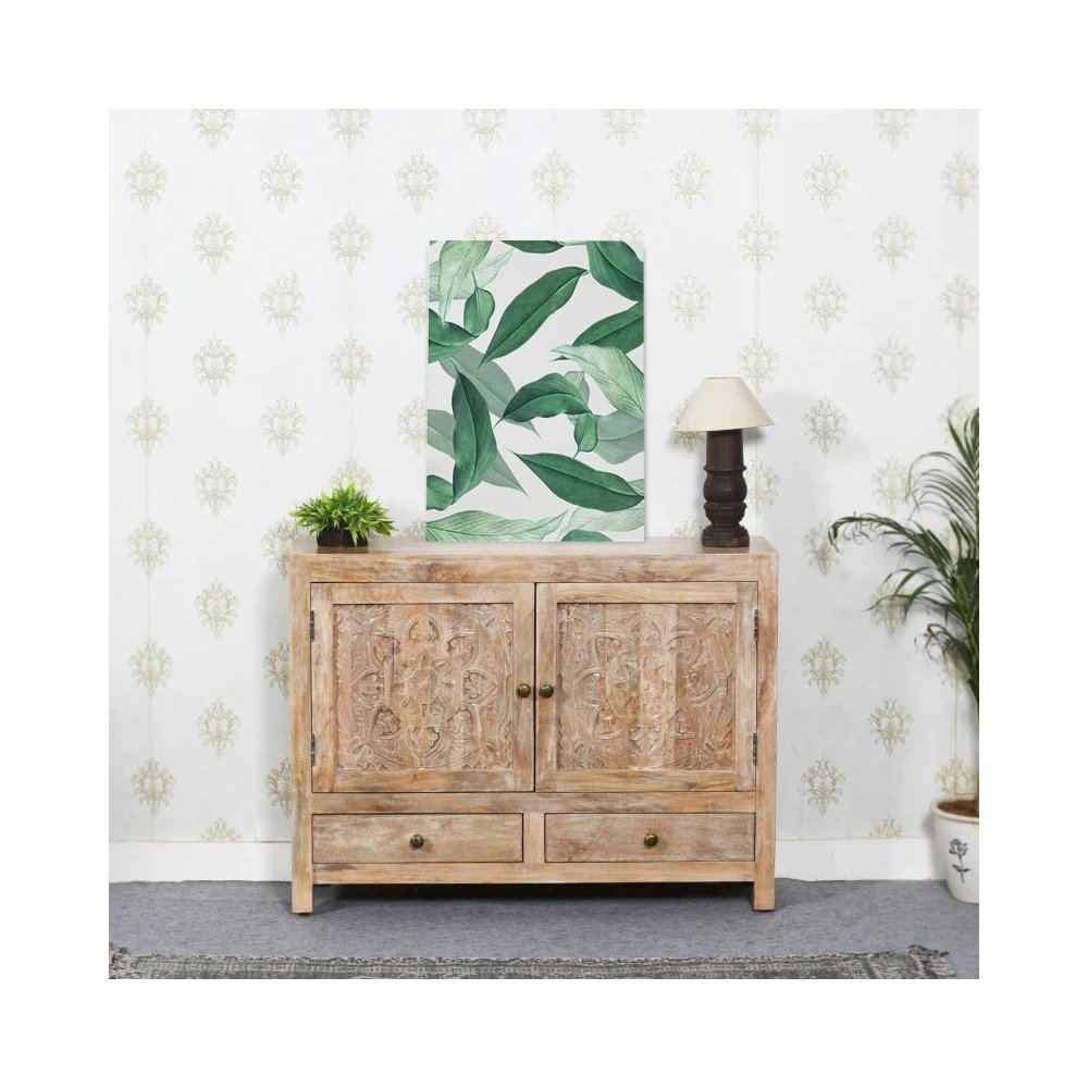 Weatherly 2 Handcarved Doors 2 Drawers Accent Cabinet in Natural