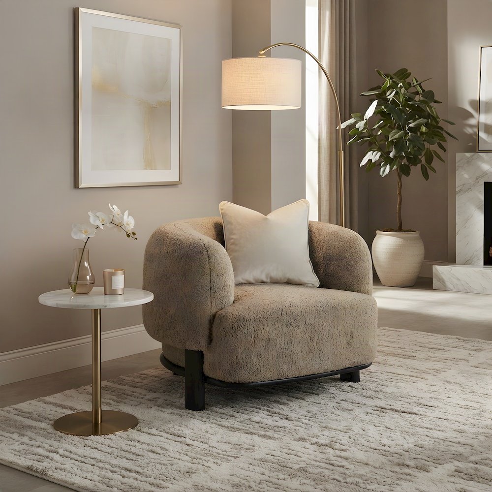 Upholstered Barrel Back Accent Chair with Wood Legs, Brown