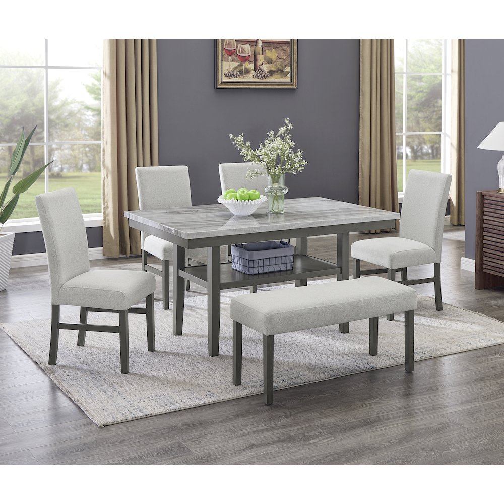 Selena 6-Piece 60" Rectangular Gray Faux Marble Dining Set with 4 Chairs & Bench