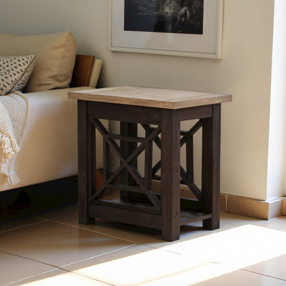 Black Side Table with Acacia Solid and Veneer, Small Sofa Table