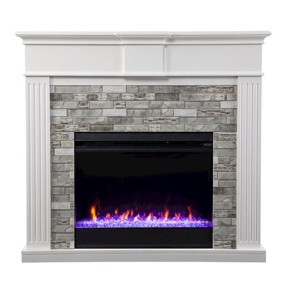 Wood Electric Fireplace with Faux Stone Surround and Color-Changing Flames