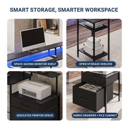 Convertible Straight/L-Shaped Desk, LED Lights & Fabric Drawers, 3 Power Outlets