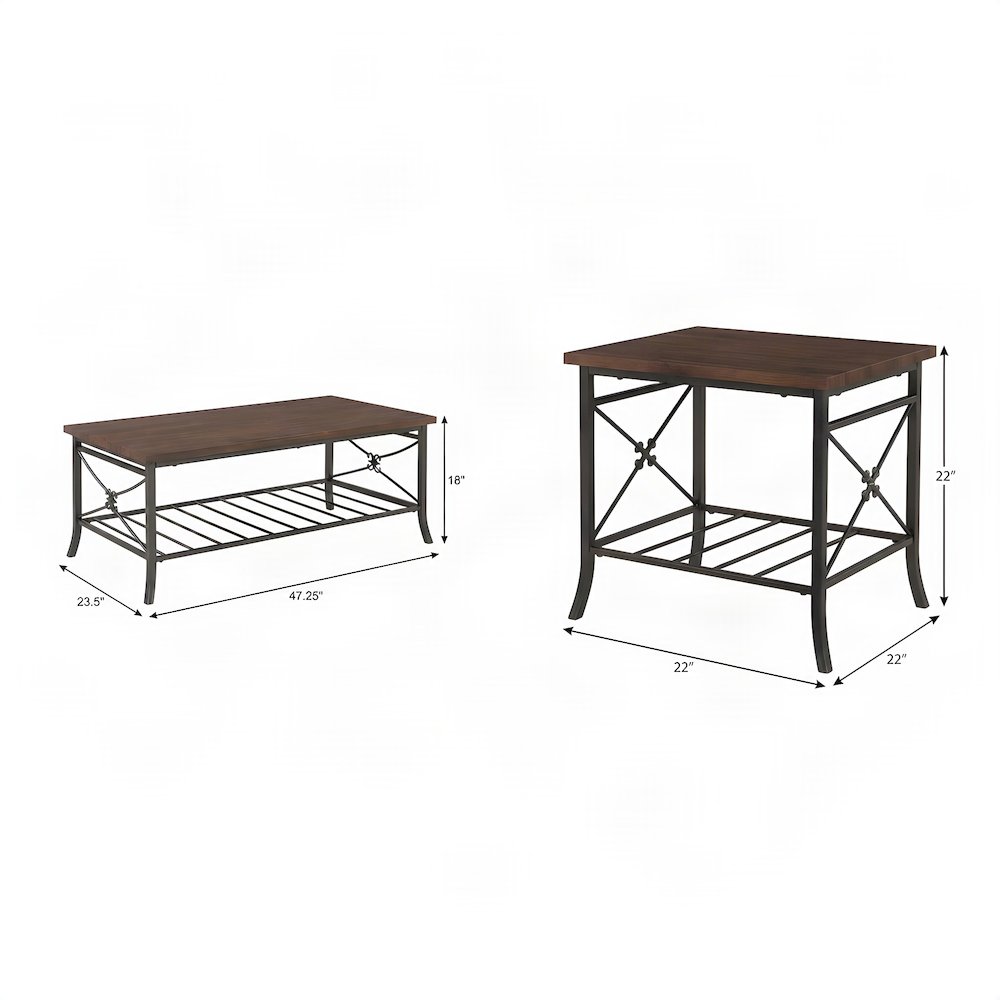 Metal Occasional Table with Plank-Style MDF Top and Slatted Shelf, Set of 3