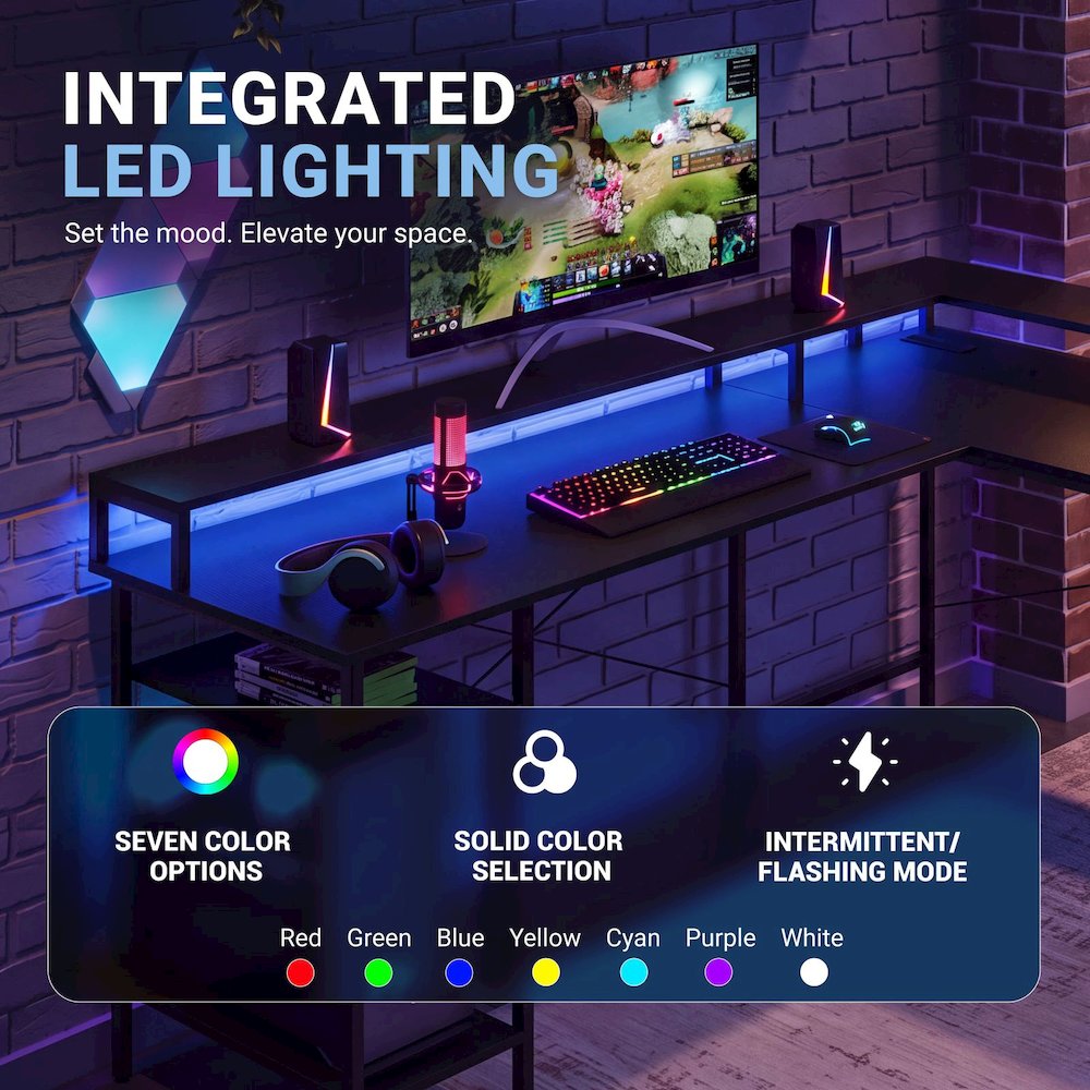 Convertible Straight/L-Shaped Desk, LED Lights & Fabric Drawers, 3 Power Outlets