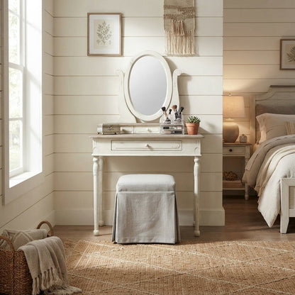 FurniFact Vanity Table with Mirror and Four Drawers, White/Light Brown