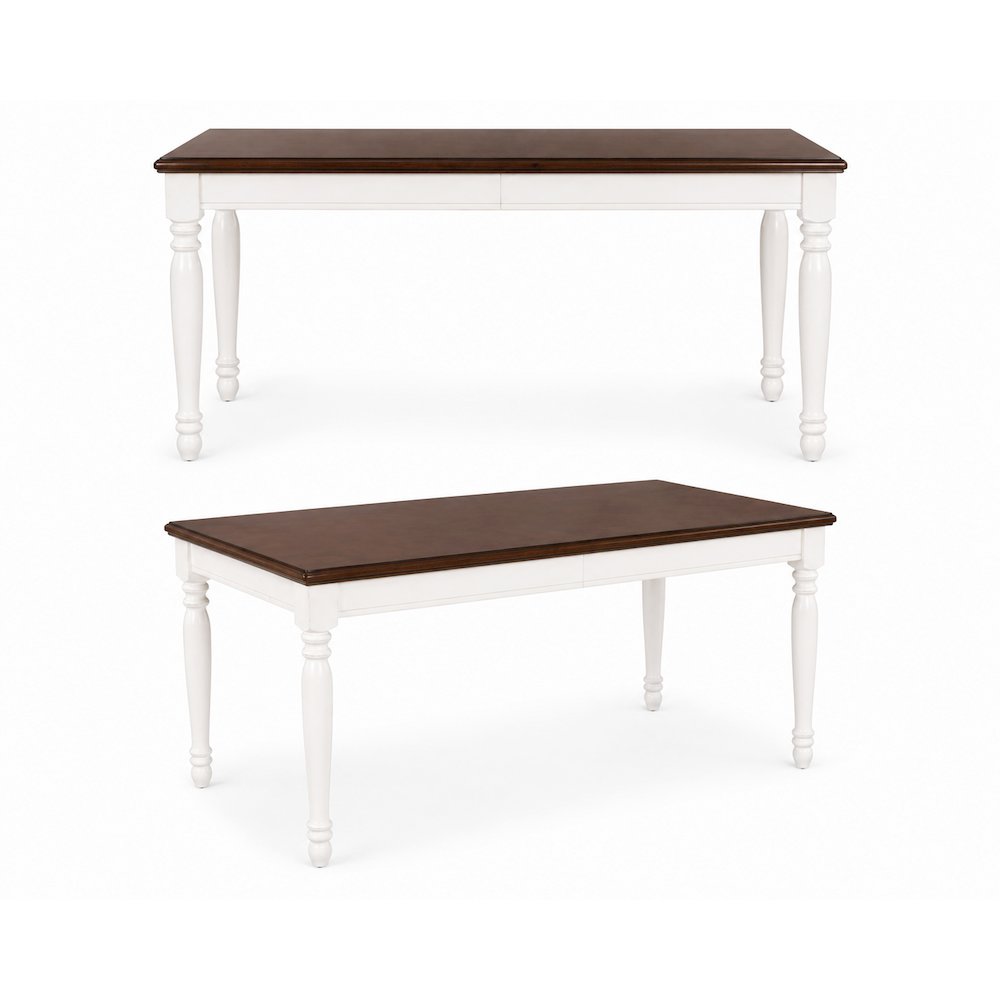 White dining table with four matching chairs and anti-tip hardware layout