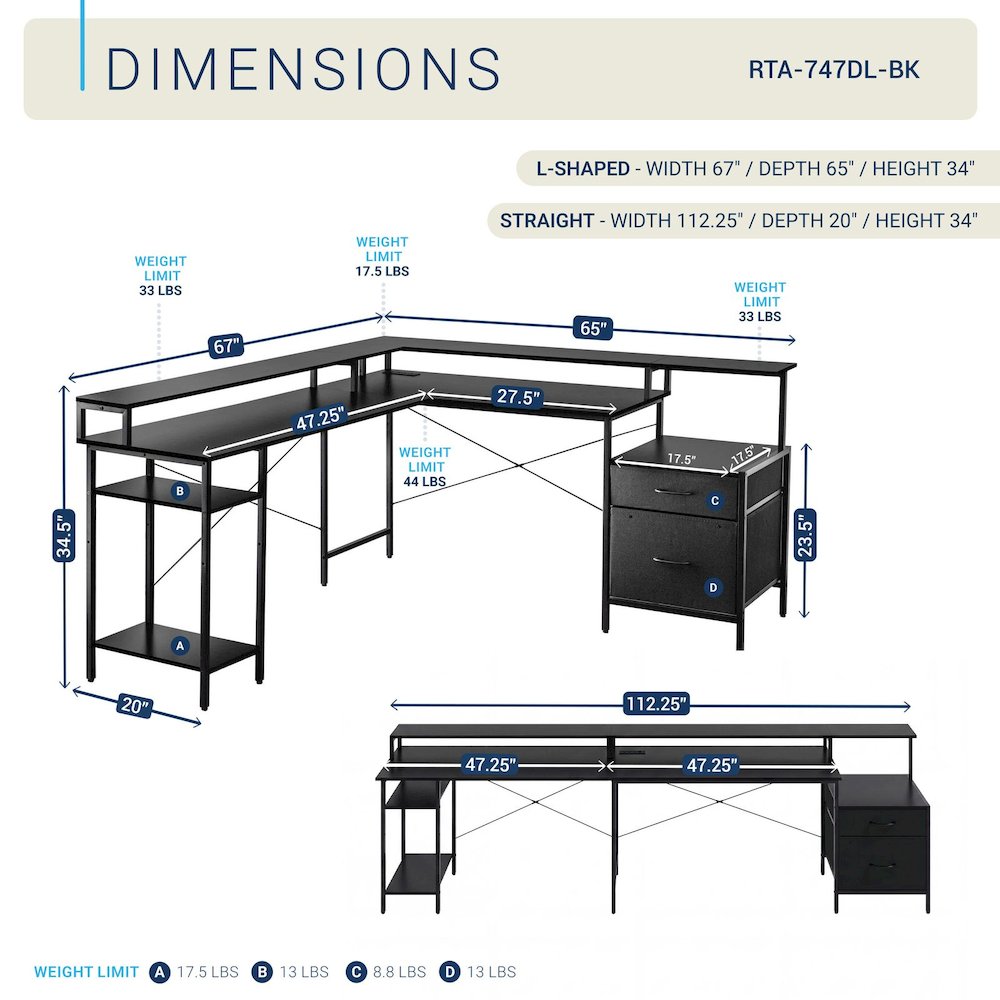 Convertible Straight/L-Shaped Desk, LED Lights & Fabric Drawers, 3 Power Outlets