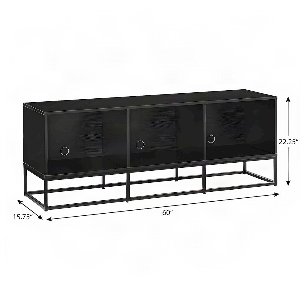 FurniFact Media Console with Open Vinyl Storage and Steel Frame, Black