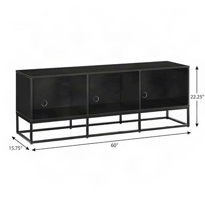 FurniFact Media Console with Open Vinyl Storage and Steel Frame, Black