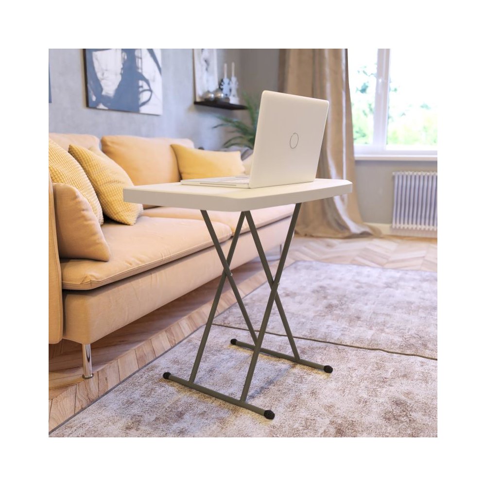 30 Inch Granite White Indoor/Outdoor Plastic Folding Table, Adjustable Height Commercial Grade Side Table, Laptop Table, TV Tray