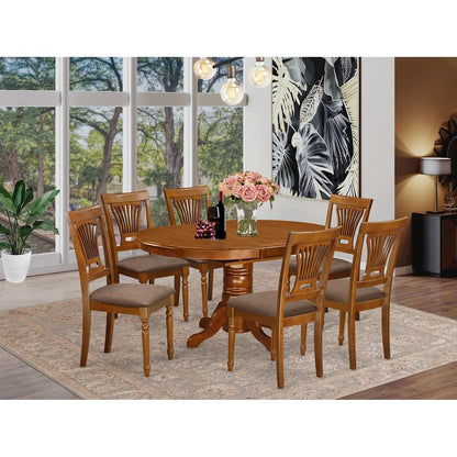 AVPL7-SBR-C 7 PcAvon Dining Table featuring Leaf and 6 Fabric Seat Chairs in Saddle Brown .
