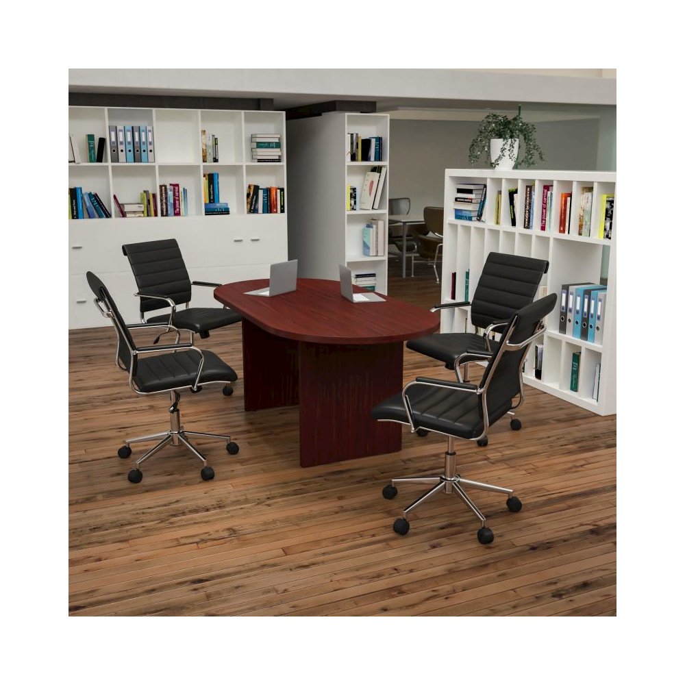 5 Piece Mahogany Oval Conference Table Set with 4 Black LeatherSoft Ribbed Executive Chairs