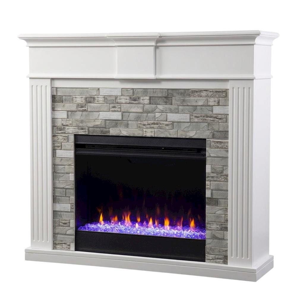 Wood Electric Fireplace with Faux Stone Surround and Color-Changing Flames