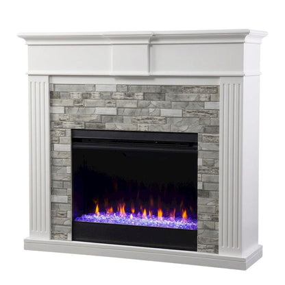 Wood Electric Fireplace with Faux Stone Surround and Color-Changing Flames