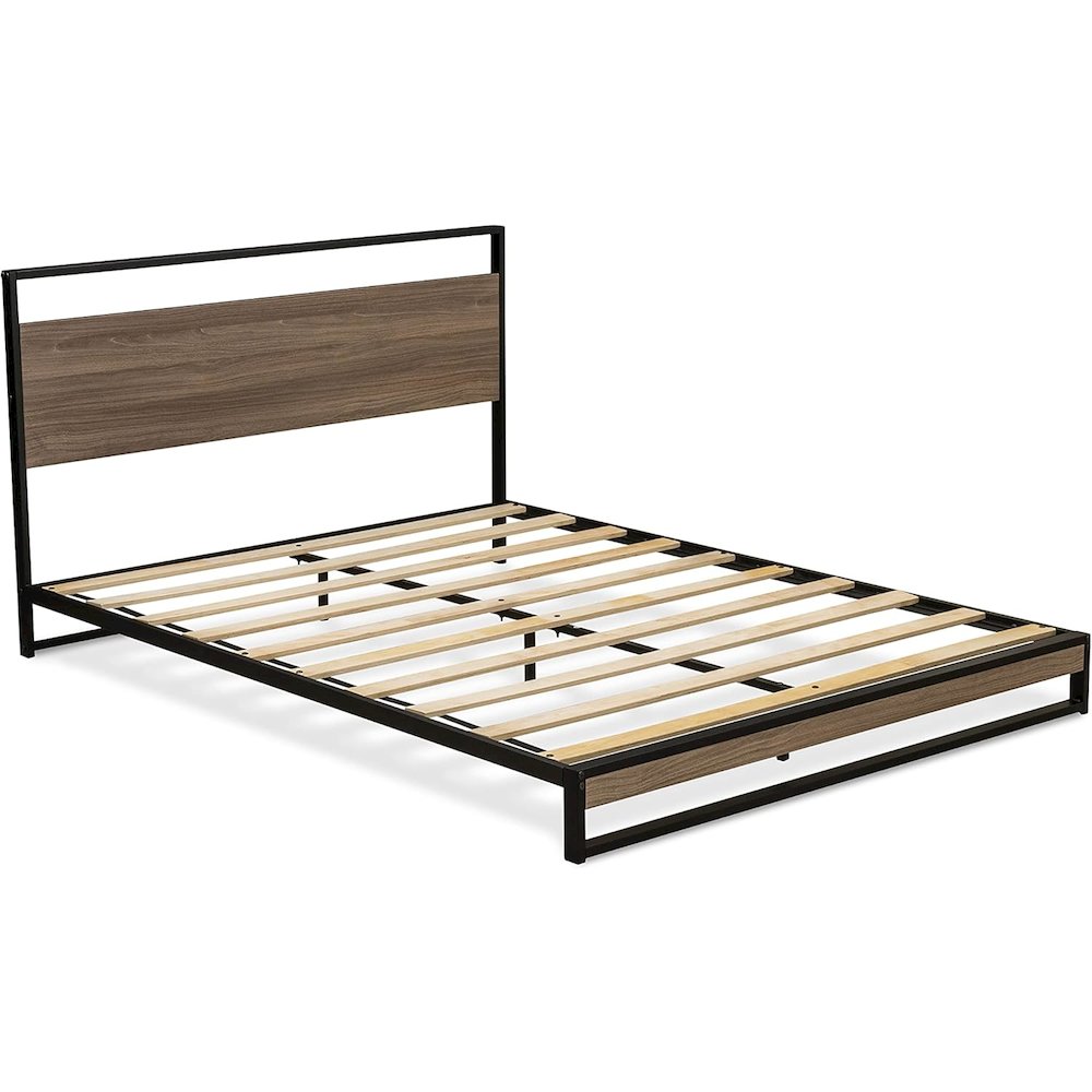 Wilson Queen Frame with 3 Supporting Legs - High-class Bed Frame in Powder Coating Black Color and Weathered Wood Laminate