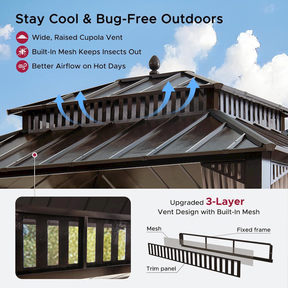 12 ft x 10 ft Hardtop Gazebo with Steel Roof, Brown Aluminum Frame - Extra-Tall