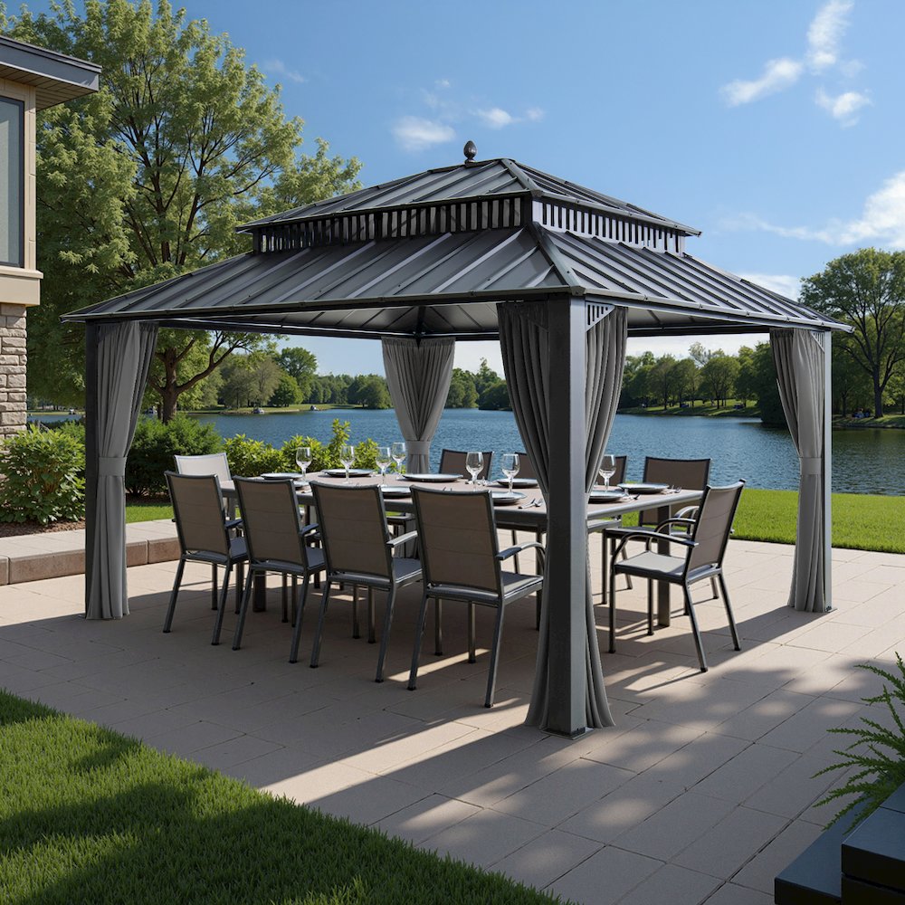14 ft x 12 ft Aluminum Frame Steel Double Roof Hardtop Rectangular Gazebo, Grey