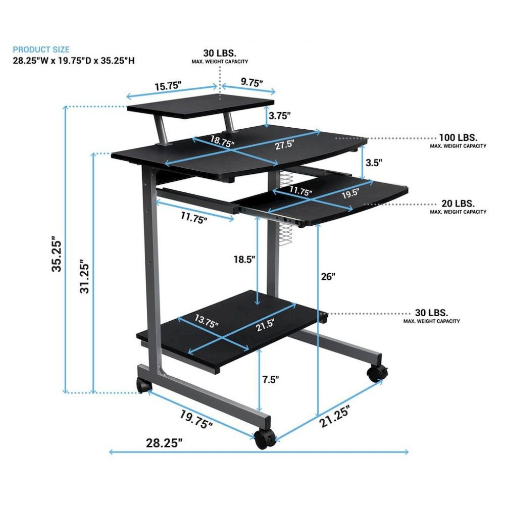 Gray Portable Computer Cart With Keyboard Shelf, Media Rack And Wheels