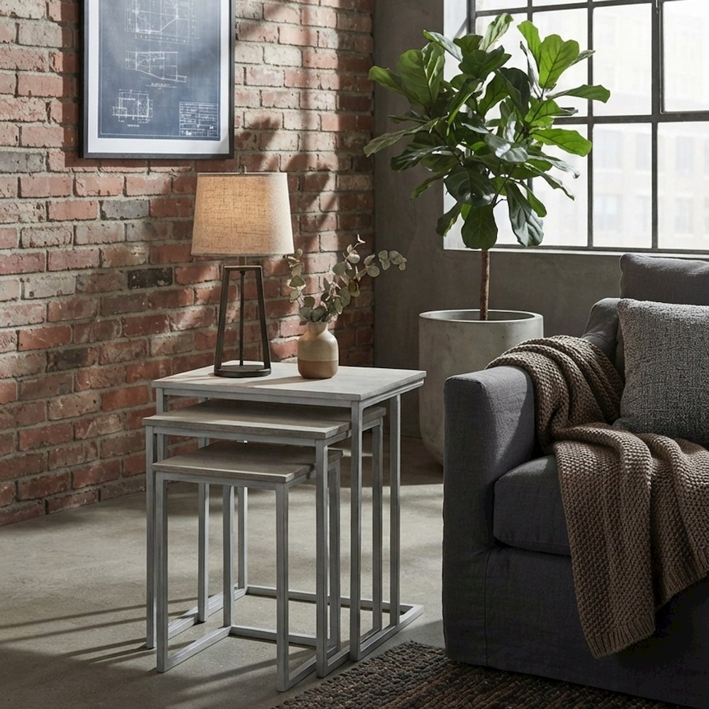 FurniFact Nesting Tables with Mango Wood Tops, Whitewash