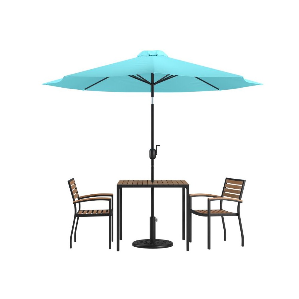 5 Piece Outdoor Patio Dining Table Set with 2 Synthetic Teak Stackable Chairs, 36" Square Table, Teal Umbrella & Base