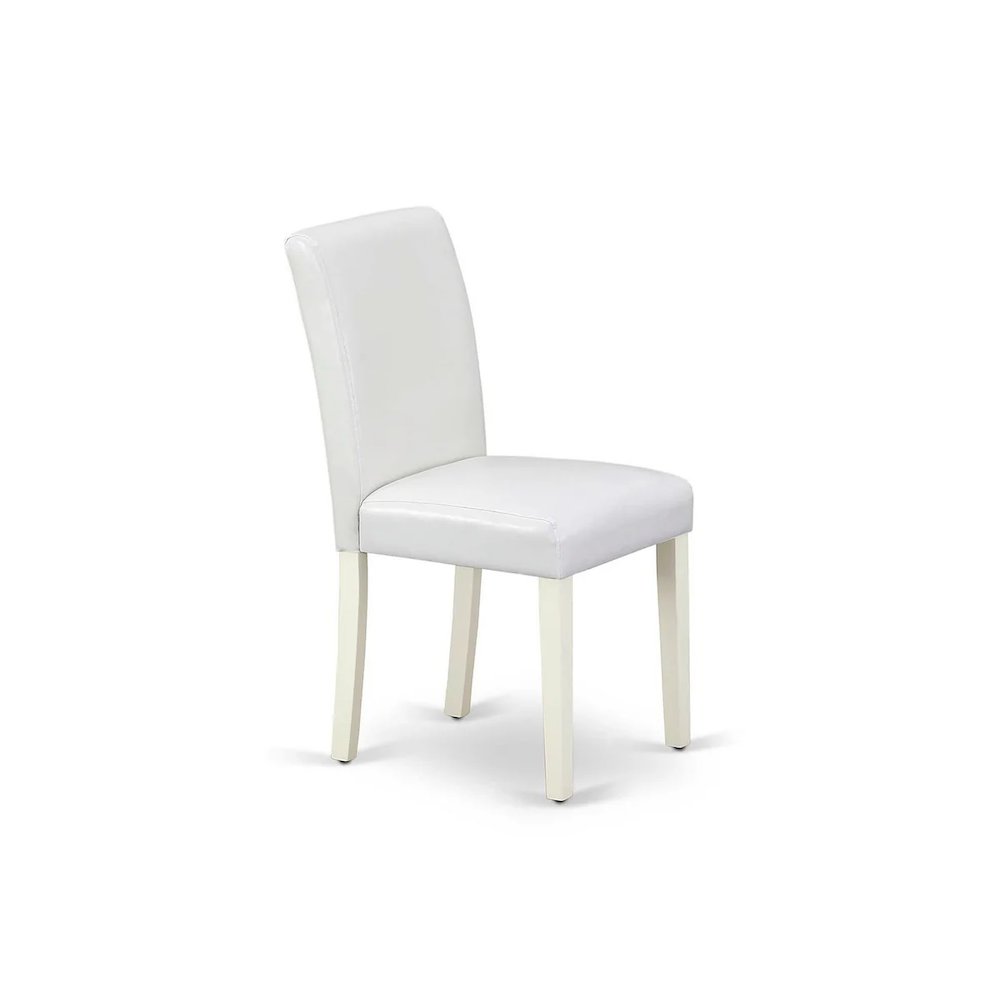 5 Piece Dining Room Table Set Includes a Round Kitchen Table with Pedestal and 4 White Faux Leather Upholstered Parson Chairs, Linen White
