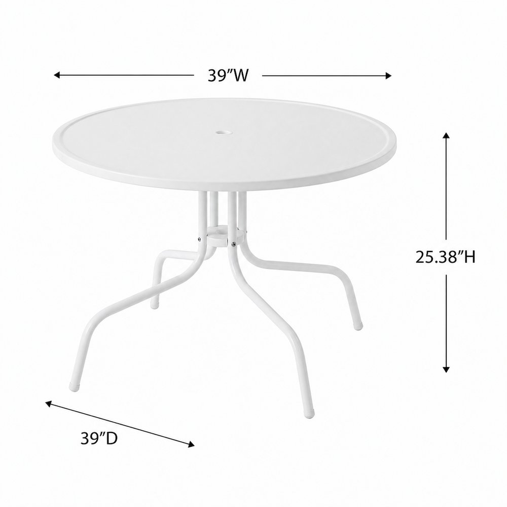 White outdoor dining table with anti-tip hardware and sturdy construction