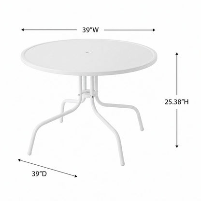 White outdoor dining table with anti-tip hardware and sturdy construction
