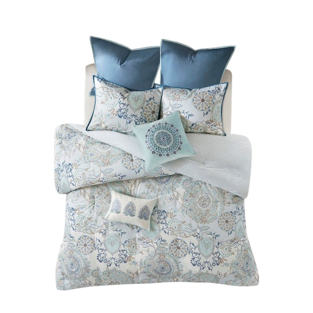 8 Piece Queen Size Comforter Set, Cotton Reversible Comforter, Floral Design