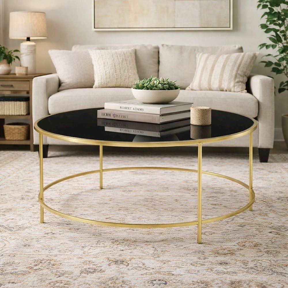 Gold Round Coffee Table with Steel Frame, Tempered Glass Top for Modern Living