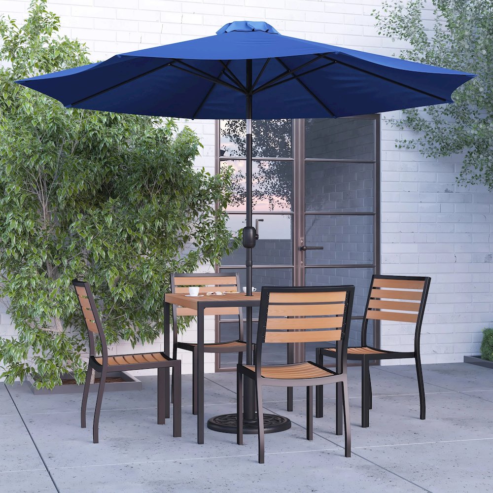 7 Piece All-Weather Deck or Patio Set with 4 Stacking Faux Teak Chairs, 35" Square Faux Teak Table, Navy Umbrella & Base