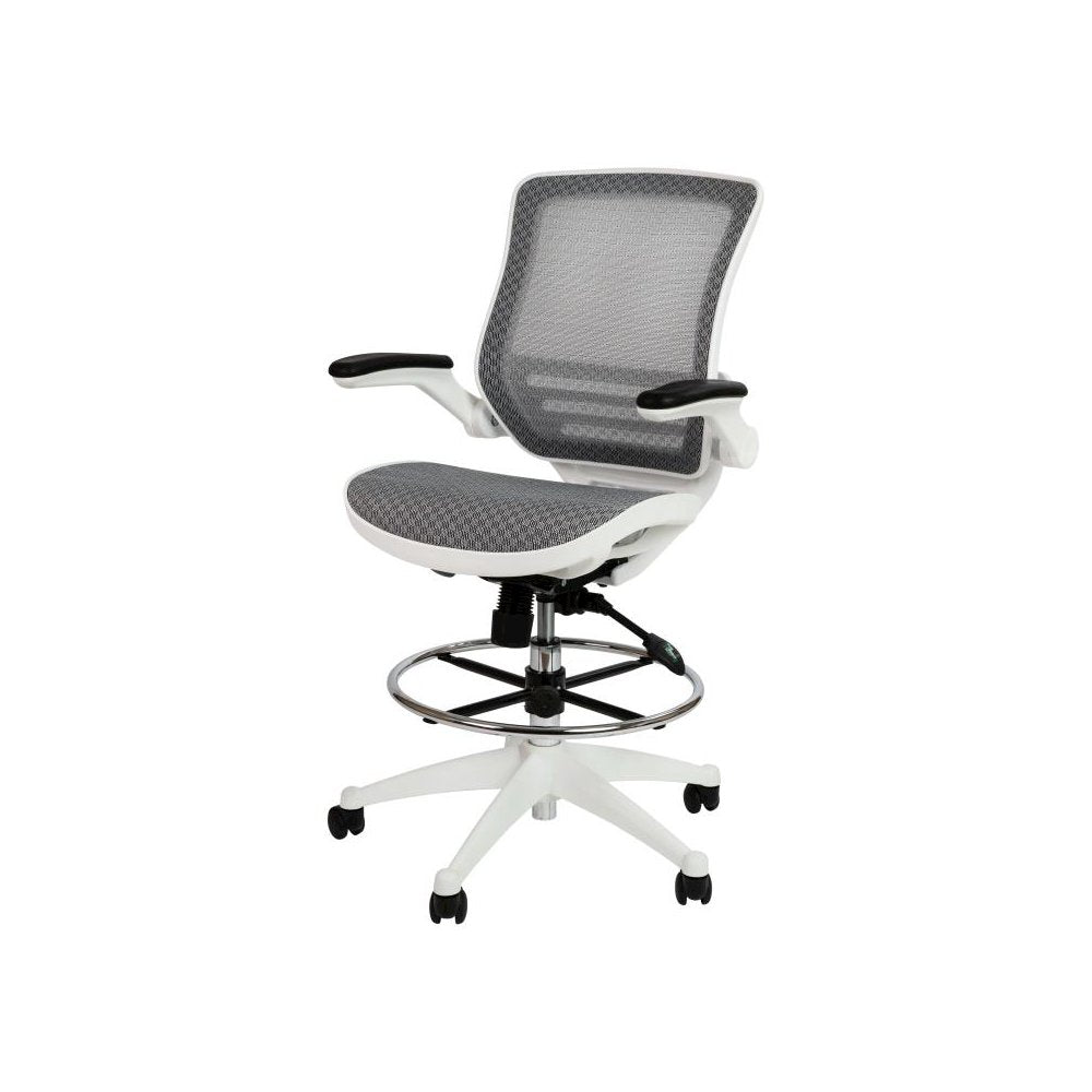 Mid-Back Transparent Gray Mesh Drafting Chair with White Frame and Flip-Up Arms