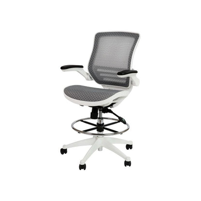 Mid-Back Transparent Gray Mesh Drafting Chair with White Frame and Flip-Up Arms