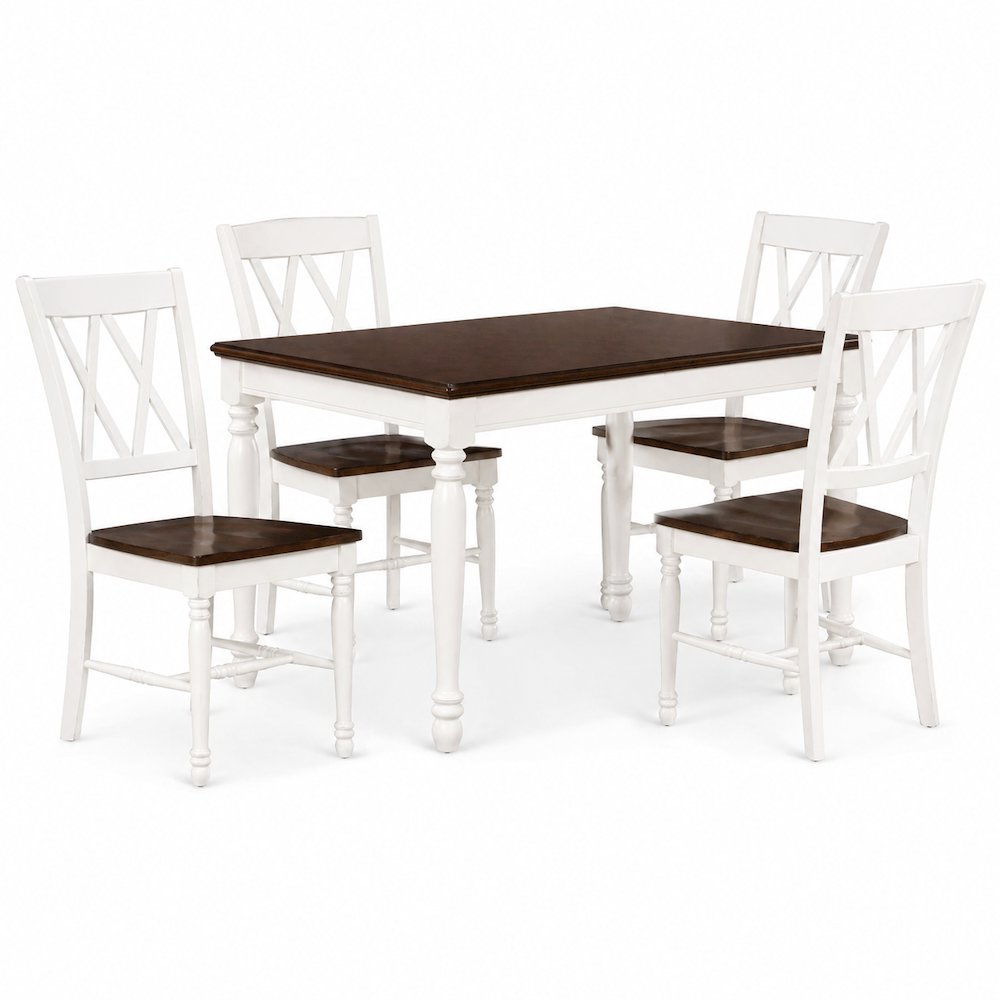 White dining table with four matching chairs and anti-tip hardware layout