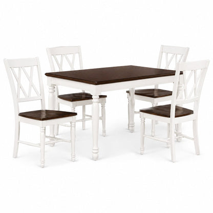 White dining table with four matching chairs and anti-tip hardware layout
