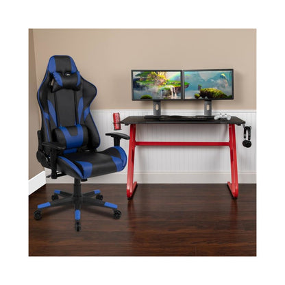 Red Gaming Desk and Blue Reclining Gaming Chair Set with Cup Holder and Headphone Hook
