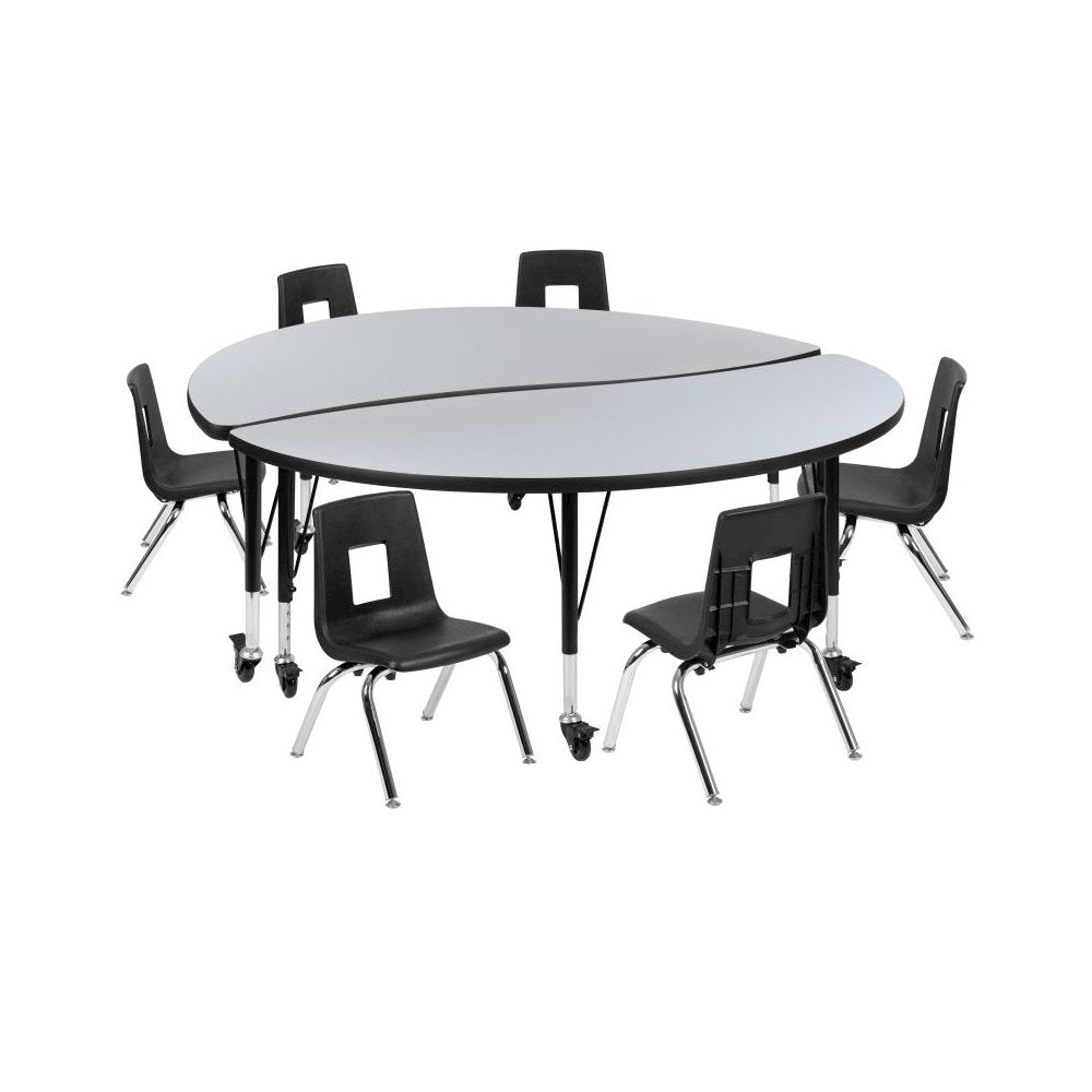 60" Circle Wave Flexible Laminate Activity Table Set with 12" Student Stack Chairs, Grey/Black