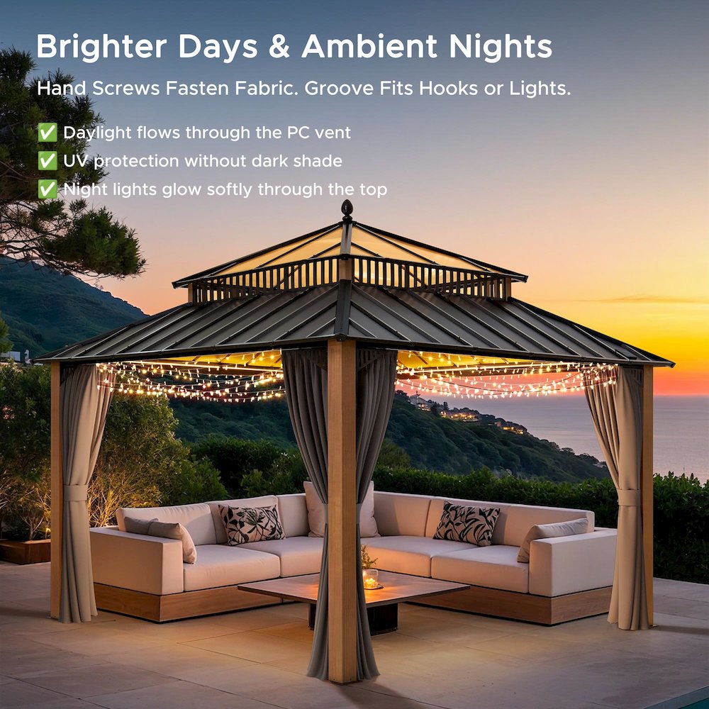 12 ft x 12 ft Kingston Hardtop Gazebo with PC Roof, Brown Aluminum Frame