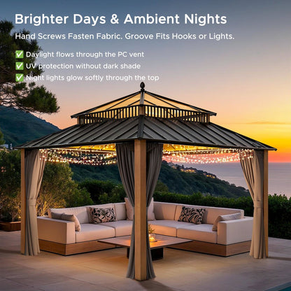 12 ft x 12 ft Kingston Hardtop Gazebo with PC Roof, Brown Aluminum Frame