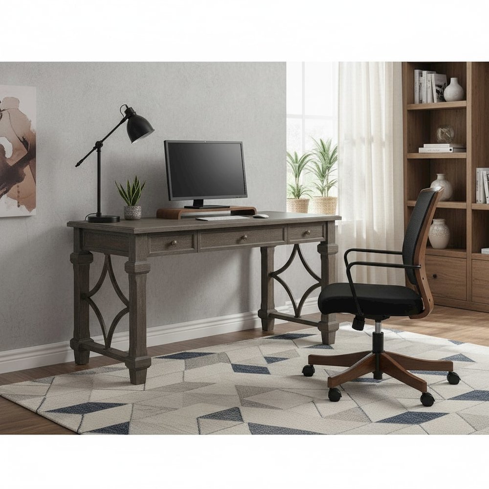 Wood Writing Desk, 3 Drawers, Power Center, Charging Shelf, Gray Finish