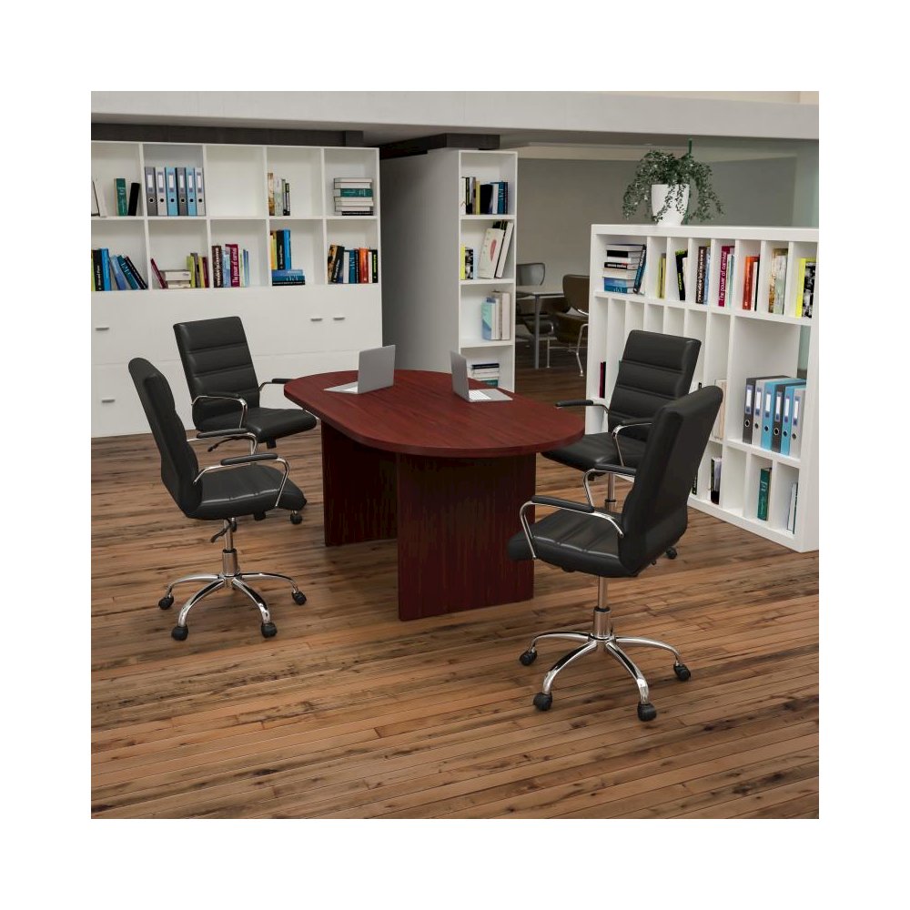 5 Piece Mahogany Oval Conference Table Set with 4 Black and Chrome LeatherSoft Executive Chairs